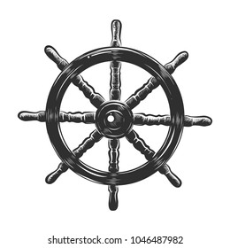 Vector engraved style illustration for posters, decoration and print. Hand drawn sketch of ship wheel in monochrome isolated on white background. Detailed vintage woodcut style drawing.