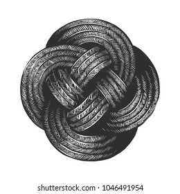 Vector engraved style illustration for posters, decoration and print. Hand drawn sketch of rope knot in monochrome isolated on white background. Detailed vintage woodcut style drawing.