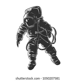 Ilustración de estilo vectorial grabada para carteles, decoración e impresión. Esbozo dibujado a mano de astronauta en monocromo aislado en fondo blanco. Dibujo de estilo de madera vintage detallado.