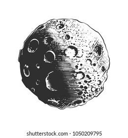 Vector engraved style illustration for posters, decoration and print. Hand drawn sketch of moon planet in monochrome isolated on white background. Detailed vintage woodcut style drawing.