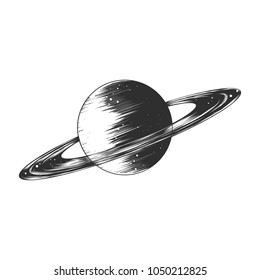 Vector engraved style illustration for posters, decoration and print. Hand drawn sketch of saturn planet in monochrome isolated on white background. Detailed vintage woodcut style drawing.