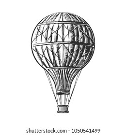 Vector engraved style illustration for posters, decoration and print. Hand drawn sketch of hot air balloon in monochrome isolated on white background. Detailed vintage woodcut style drawing.