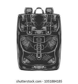 Vector engraved style illustration for posters, decoration and print. Hand drawn sketch of bag pack in monochrome isolated on white background. Detailed vintage woodcut style drawing.