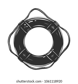 Vector engraved style illustration for posters, decoration and print. Hand drawn sketch of life buoy in monochrome isolated on white background. Detailed vintage woodcut style drawing.
