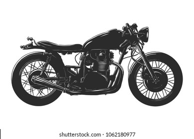 Vector engraved style illustration for posters, decoration and print. Hand drawn sketch of motorcyrcle in monochrome isolated on white background. Detailed vintage woodcut style drawing.