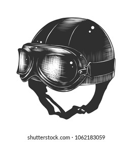 Vector engraved style illustration for posters, decoration and print. Hand drawn sketch of motorcyrcle helmet in monochrome isolated on white background. Detailed vintage woodcut style drawing.