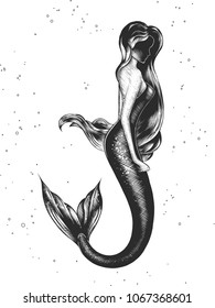 Vector engraved style illustration for posters, decoration and print. Hand drawn sketch of mermaid in monochrome isolated on white background. Detailed vintage woodcut style drawing. Mermaid