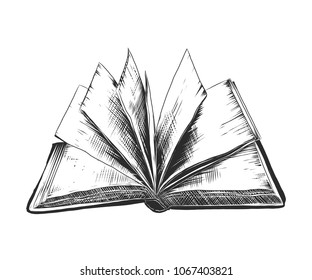 Vector engraved style illustration for posters, decoration and print. Hand drawn sketch of open book in monochrome isolated on white background. Detailed vintage woodcut style drawing. Book