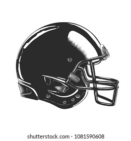 Vector Engraved Style Illustration For Posters, Decoration And Print. Hand Drawn Sketch Of Football Helmet In Monochrome Isolated On White Background. Detailed Vintage Woodcut Style Drawing.