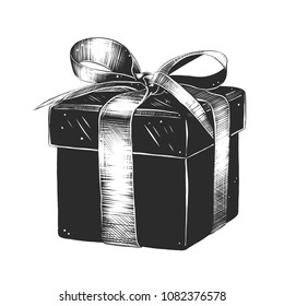 Vector engraved style illustration for posters, decoration and print. Hand drawn sketch of packaged gift in monochrome isolated on white background. Detailed vintage woodcut style drawing.