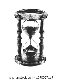 Vector engraved style illustration for posters, decoration and print. Hand drawn sketch of hourglass in monochrome isolated on white background. Detailed vintage woodcut style drawing.