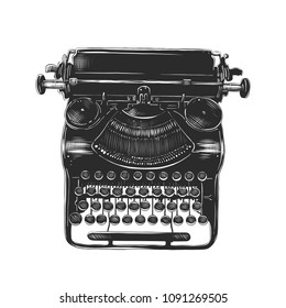 Vector Engraved Style Illustration For Posters, Decoration And Print. Hand Drawn Sketch Of Old Typewriter In Monochrome Isolated On White Background. Detailed Vintage Woodcut Style Drawing.