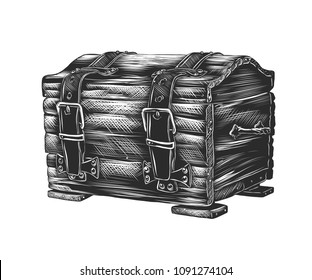 Vector engraved style illustration for posters, decoration and print. Hand drawn sketch of dower chest in monochrome isolated on white background. Detailed vintage woodcut style drawing.