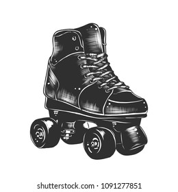 Vector engraved style illustration for posters, decoration and print. Hand drawn sketch of retro roller skates in monochrome isolated on white background. Detailed vintage woodcut style drawing.