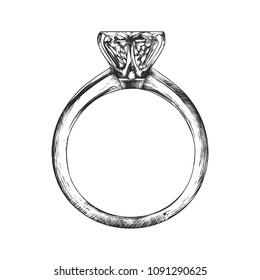 Vector Engraved Style Illustration For Posters, Decoration And Print. Hand Drawn Sketch Of Engagement Ring In Monochrome Isolated On White Background. Detailed Vintage Woodcut Style Drawing.