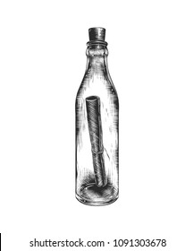 Vector engraved style illustration for posters, decoration and print. Hand drawn sketch of letter in the bottle in monochrome isolated on white background. Detailed vintage woodcut style drawing.