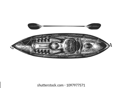 Vector engraved style illustration for posters, decoration and print. Hand drawn sketch of kayak in monochrome isolated on white background. Detailed vintage woodcut style drawing.