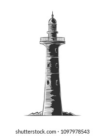 Vector engraved style illustration for posters, decoration and print. Hand drawn etching sketch of lighthouse in monochrome isolated on white background. Detailed vintage woodcut style drawing.