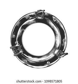 Vector engraved style illustration for posters, decoration and print. Hand drawn sketch of porthole in monochrome isolated on white background. Detailed vintage woodcut style drawing.