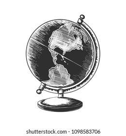 Vector Engraved Style Illustration For Posters, Decoration And Print. Hand Drawn Sketch Of Globe In Monochrome Isolated On White Background. Detailed Vintage Woodcut Style Drawing.