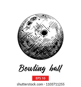 Vector engraved style illustration for posters, decoration and print. Hand drawn sketch of bowling ball in black isolated on white background. Detailed vintage etching style drawing.