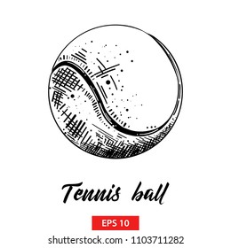 Vector engraved style illustration for posters, decoration and print. Hand drawn sketch of tennis ball in black isolated on white background. Detailed vintage etching style drawing.