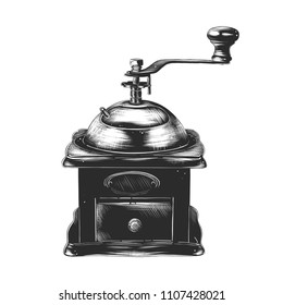 Vector engraved style illustration for posters, decoration and print. Hand drawn sketch of coffee grinder in monochrome isolated on white background. Detailed vintage woodcut style drawing.