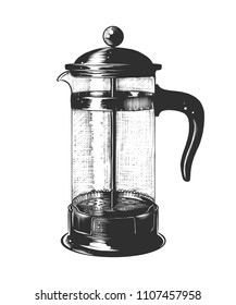 Vector engraved style illustration for posters, decoration and print. Hand drawn sketch of french press in monochrome isolated on white background. Detailed vintage woodcut style drawing.
