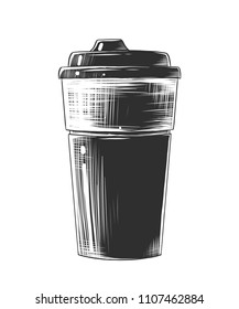 Vector engraved style illustration for posters, decoration and print. Hand drawn sketch of coffee mug in monochrome isolated on white background. Detailed vintage woodcut style drawing.