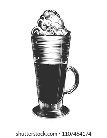 Vector engraved style illustration for posters, decoration and print. Hand drawn sketch of coffee latte in monochrome isolated on white background. Detailed vintage woodcut style drawing.