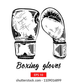 Vector engraved style illustration for posters, decoration and print. Hand drawn sketch of boxing gloves in black isolated on white background. Detailed vintage etching style drawing.