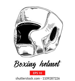 Vector engraved style illustration for posters, decoration and print. Hand drawn sketch of boxing helmet in black isolated on white background. Detailed vintage etching style drawing.