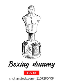 Vector engraved style illustration for posters, decoration and print. Hand drawn sketch of boxing dummy in black isolated on white background. Detailed vintage etching style drawing.