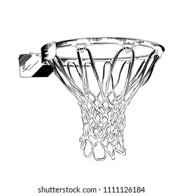 Vector Engraved Style Illustration For Posters, Decoration And Print. Hand Drawn Sketch Of Basketball Ring In Black Isolated On White Background. Detailed Vintage Etching Style Drawing.