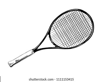 Vector engraved style illustration for posters, decoration and print. Hand drawn sketch of tennis racket in black isolated on white background. Detailed vintage etching style drawing.