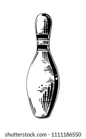 Vector engraved style illustration for posters, decoration and print. Hand drawn sketch of bowling pin in black isolated on white background. Detailed vintage etching style drawing.