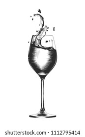 Vector engraved style illustration for posters, decoration and print. Hand drawn sketch of a a glass of wine with a splash, monochrome isolated on white background. Detailed vintage woodcut style 