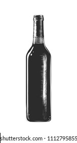 Vector engraved style illustration for posters, decoration and print. Hand drawn sketch of a bottle of wine, monochrome isolated on white background. Detailed vintage woodcut style 