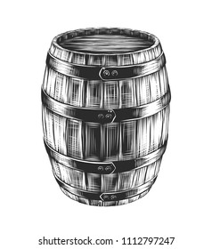 Vector engraved style illustration for posters, decoration and print. Hand drawn sketch of barrel of wine with a splash, monochrome isolated on white background. Detailed vintage woodcut style 