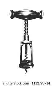 Vector engraved style illustration for posters, decoration and print. Hand drawn sketch of wine corkscrew with a splash, monochrome isolated on white background. Detailed vintage woodcut style 