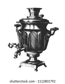 Vector engraved style illustration for posters, decoration and print. Hand drawn sketch of a samovar, monochrome isolated on white background. Detailed vintage woodcut style 