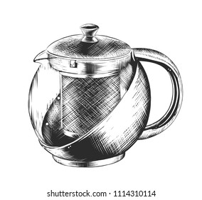 Vector engraved style illustration for posters, decoration and print. Hand drawn sketch of a glass teapot, monochrome isolated on white background. Detailed vintage woodcut style
