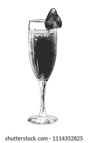 Ilustración de estilo vectorial grabada para carteles, decoración e impresión. Dibujo a mano de champán con fresa, monocromo aislado en fondo blanco. Estilo de madera vintada detallado