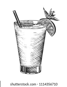 Vector engraved style illustration for posters, decoration and print. Hand drawn sketch of tequila shot cocktail, monochrome isolated on white background. Detailed vintage woodcut style