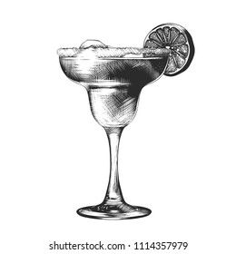 Vector engraved style illustration for posters, decoration and print. Hand drawn sketch of summer cocktail, monochrome isolated on white background. Detailed vintage woodcut style