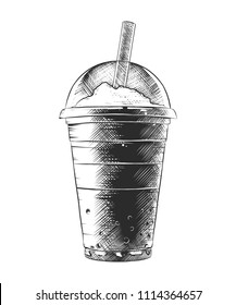 Vector engraved style illustration for posters, decoration and print. Hand drawn sketch of summer milkshake, monochrome isolated on white background. Detailed vintage woodcut style