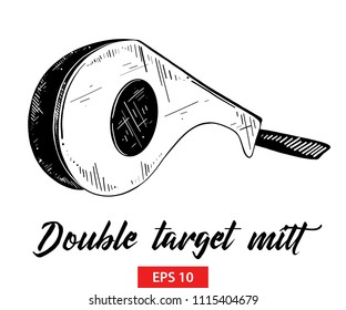 Vector engraved style illustration for posters, decoration and print. Hand drawn sketch of double target mitt in black isolated on white background. Detailed vintage etching style drawing.
