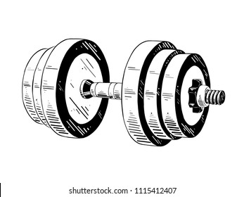 Vector engraved style illustration for posters, decoration and print. Hand drawn sketch of dumbbell in black isolated on white background. Detailed vintage etching style drawing.