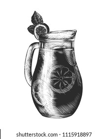 Vector engraved style illustration for posters, decoration and print. Hand drawn sketch of lemonade glass in monochrome isolated on white background. Detailed vintage woodcut style drawing.