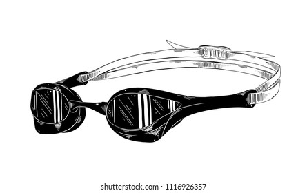 Vector engraved style illustration for posters, decoration and print. Hand drawn sketch of swimming goggles in black isolated on white background. Detailed vintage etching style drawing.